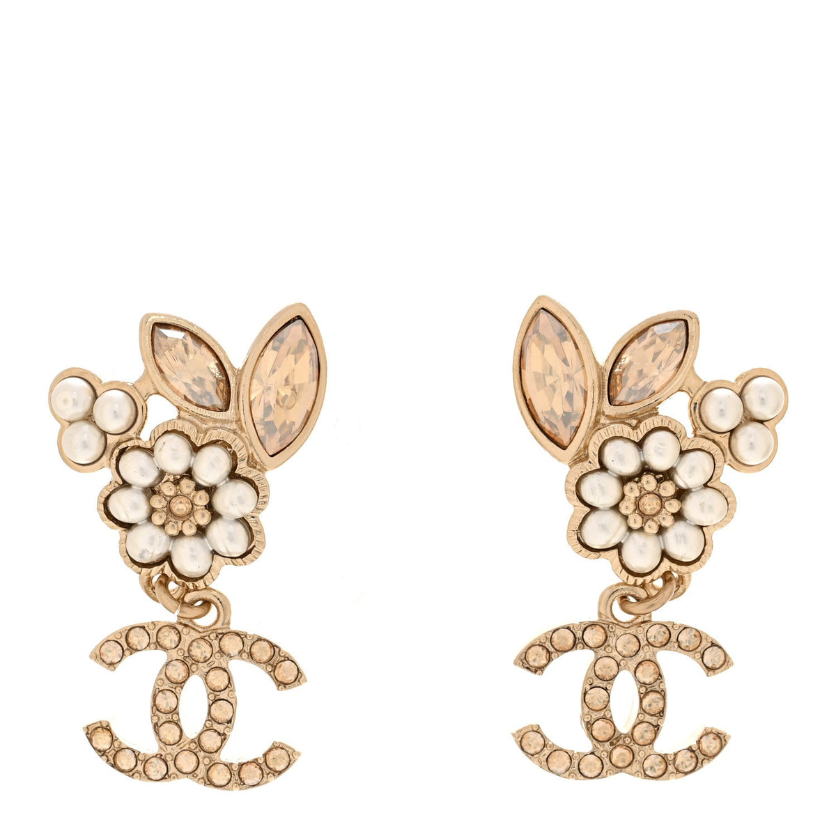 Pearl Crystal Drop CC Earrings Gold White