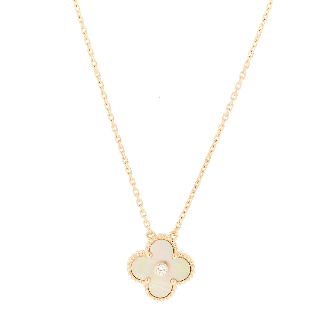 18K Yellow Gold Diamond Yellow Mother of Pearl Vintage Alhambra Pendant Necklace
