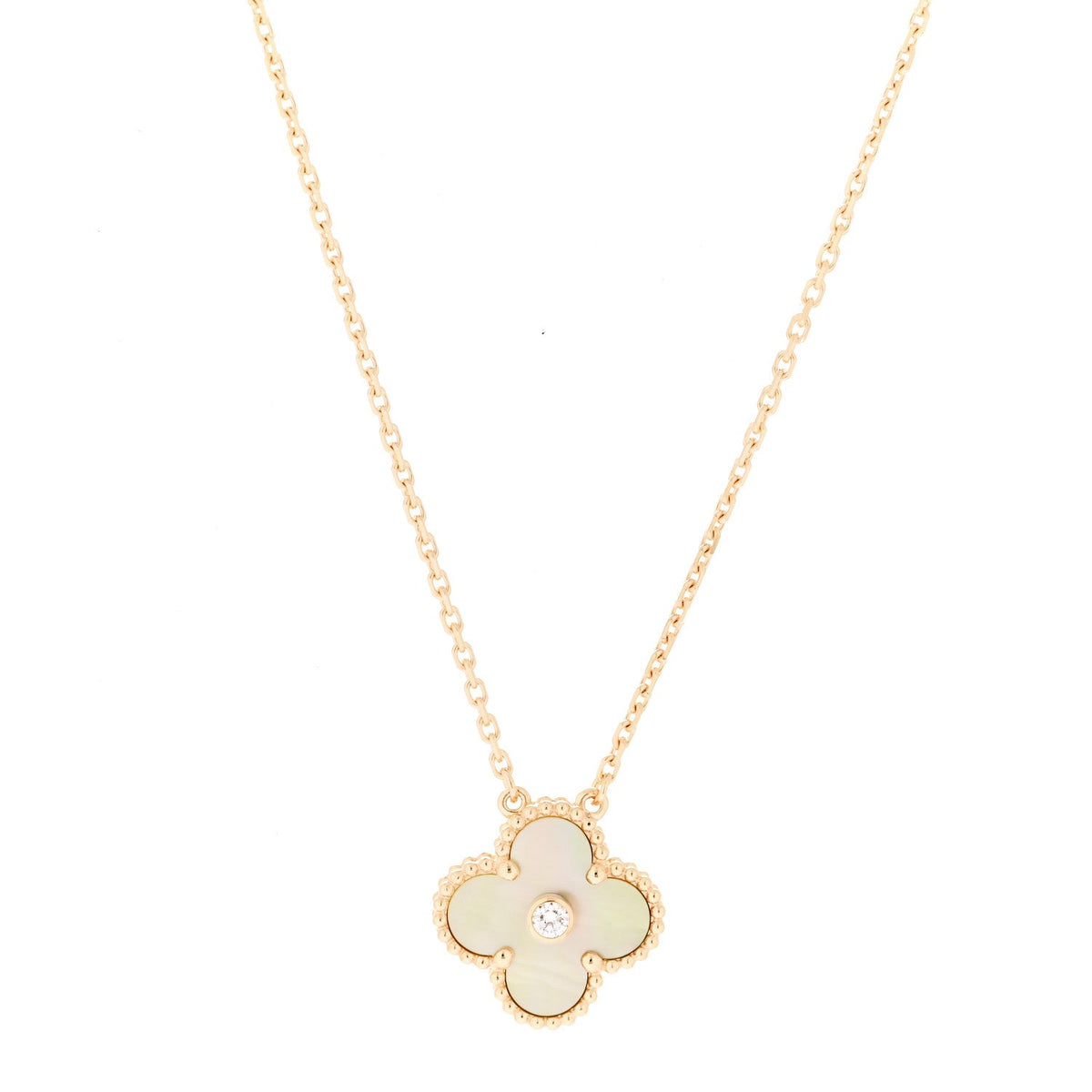 18K Yellow Gold Diamond Yellow Mother of Pearl Vintage Alhambra Pendant Necklace