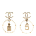 Crystal Pearl Chanel Charms CC Drop Earrings Gold