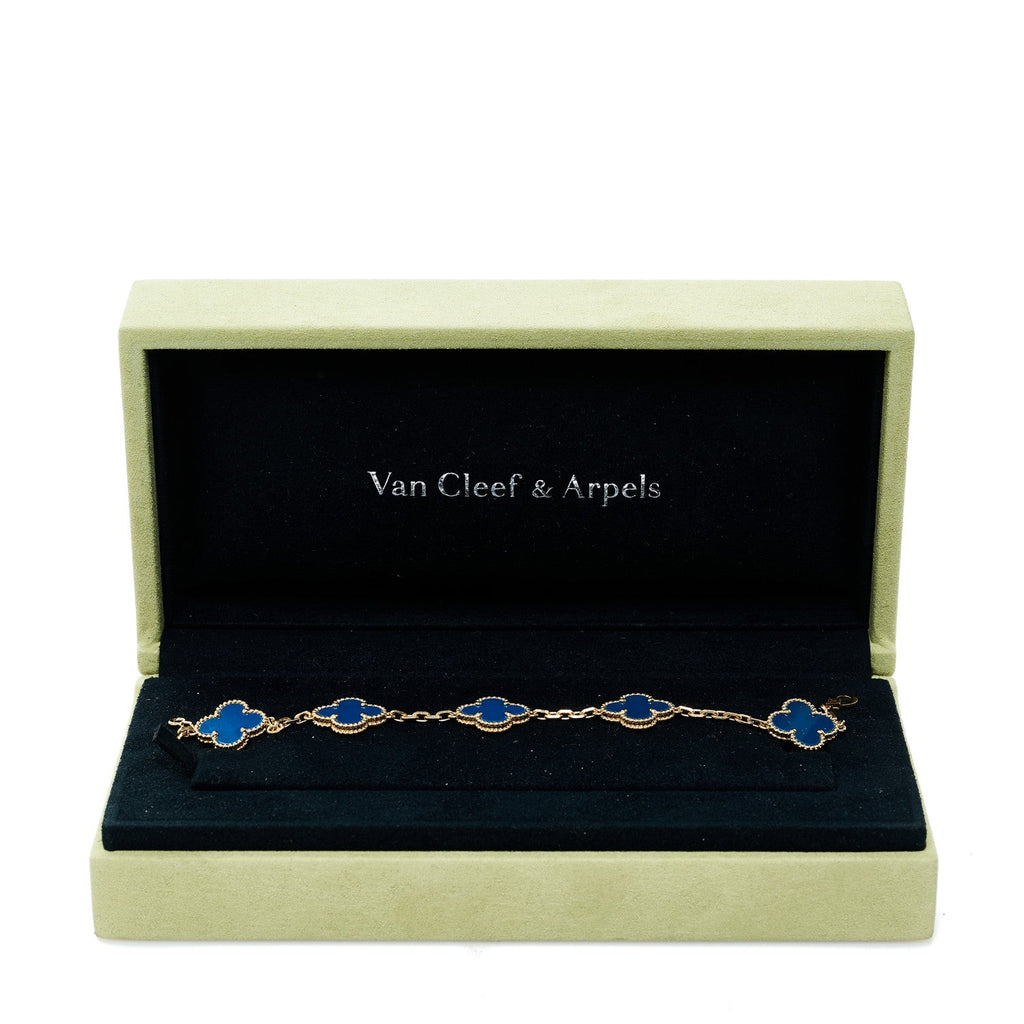 18K Yellow Gold Blue Agate 5 Motifs Vintage Alhambra Bracelet