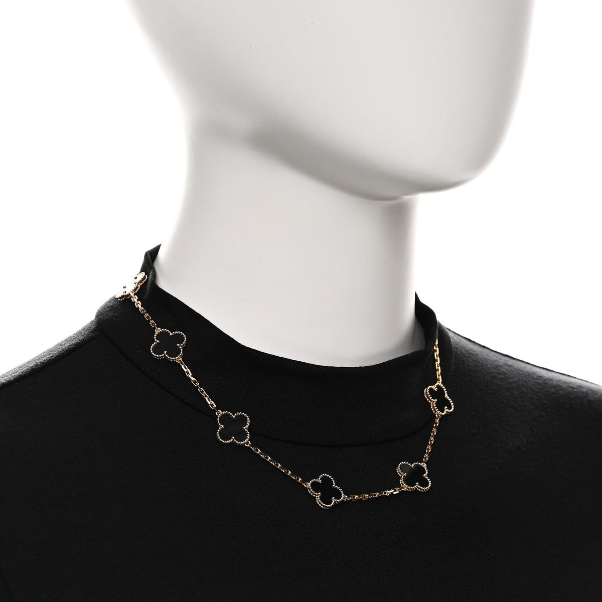 18K Yellow Gold Black Onyx 10 Motifs Vintage Alhambra Necklace