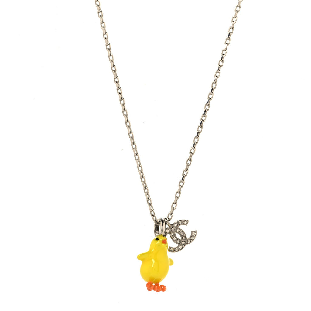Metal Resin Strass Crystal CC Baby Chick Pendant Necklace Silver Yellow Orange