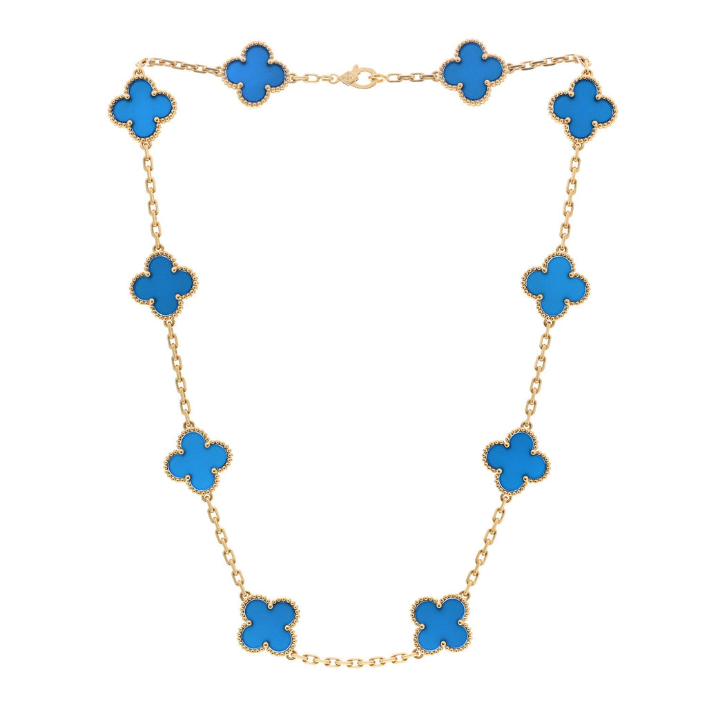 18K Yellow Gold Blue Agate 10 Motifs Vintage Alhambra Necklace