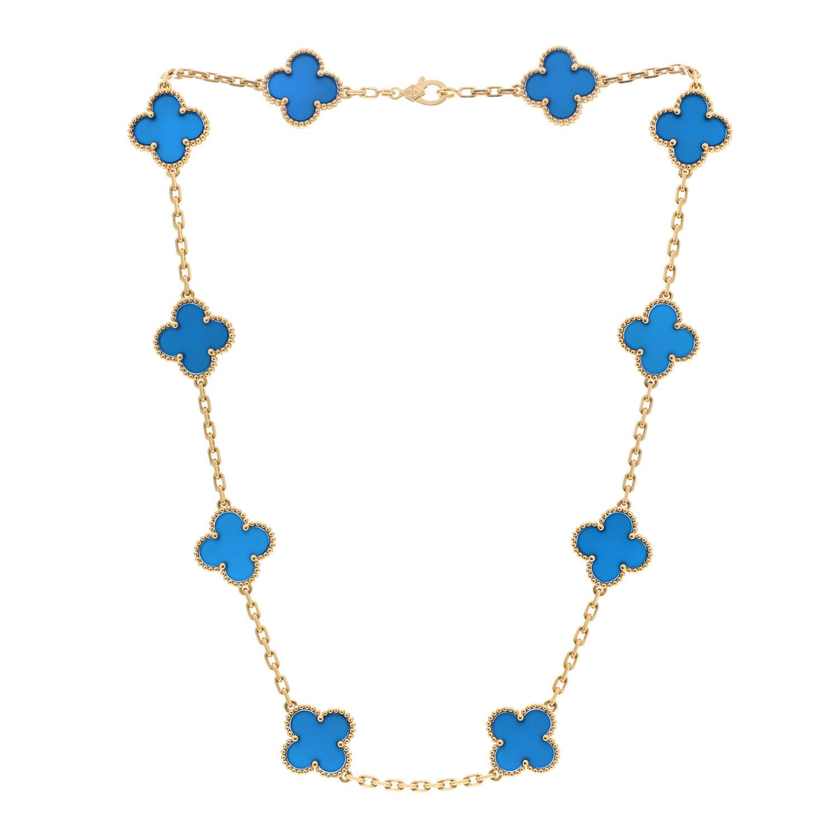 18K Yellow Gold Blue Agate 10 Motifs Vintage Alhambra Necklace