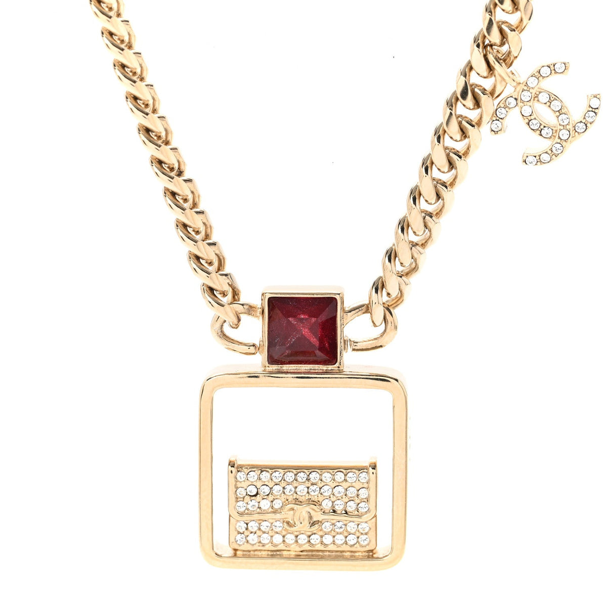 Metal Crystal Quilted Flap Bag Necklace Red Gold