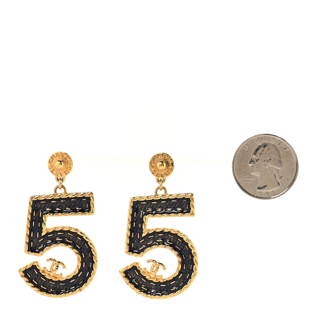 Metal Enamel CC No 5 Rope Drop Earrings Gold Denim Blue