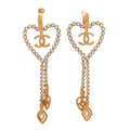 Metal Crystal CC Heart Chain Drop Clip On Earrings Gold