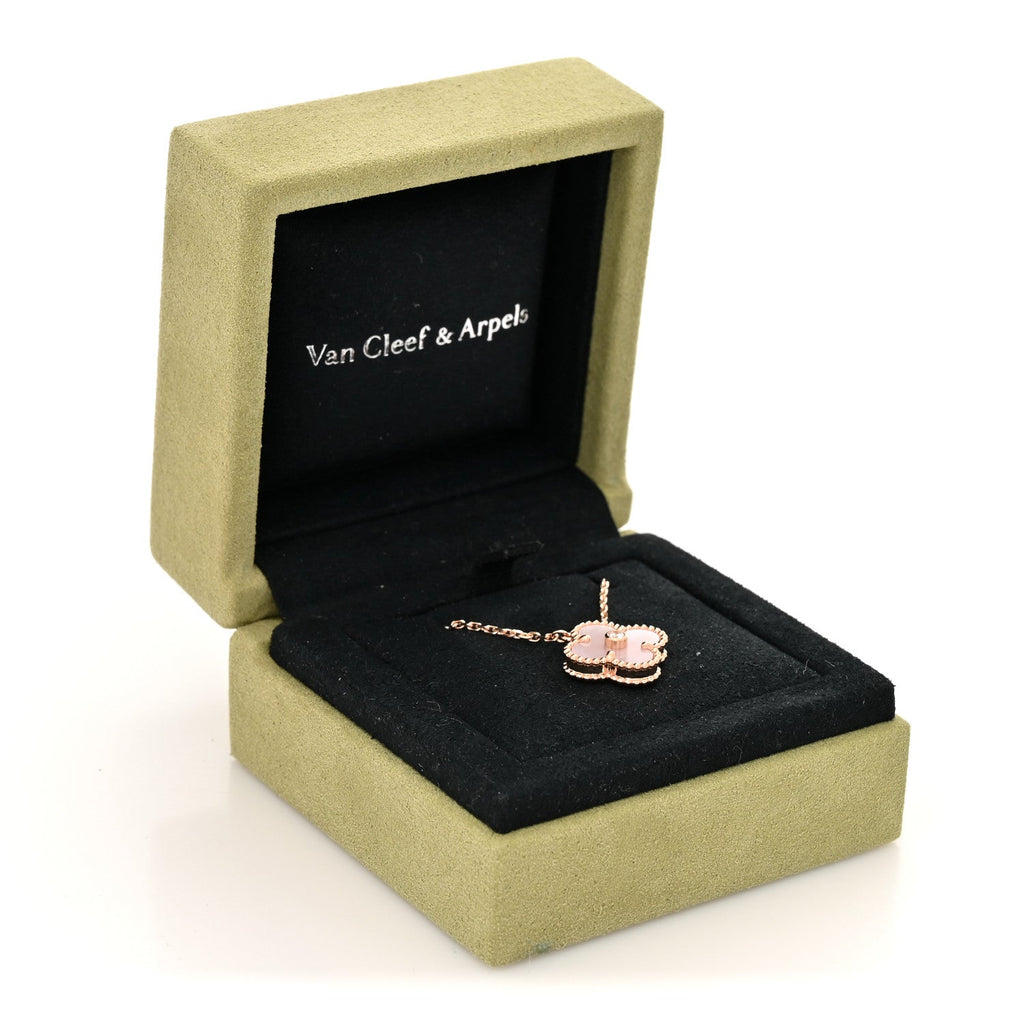 18K Rose Gold Diamond Pink Mother of Pearl Vintage Alhambra Pendant Necklace