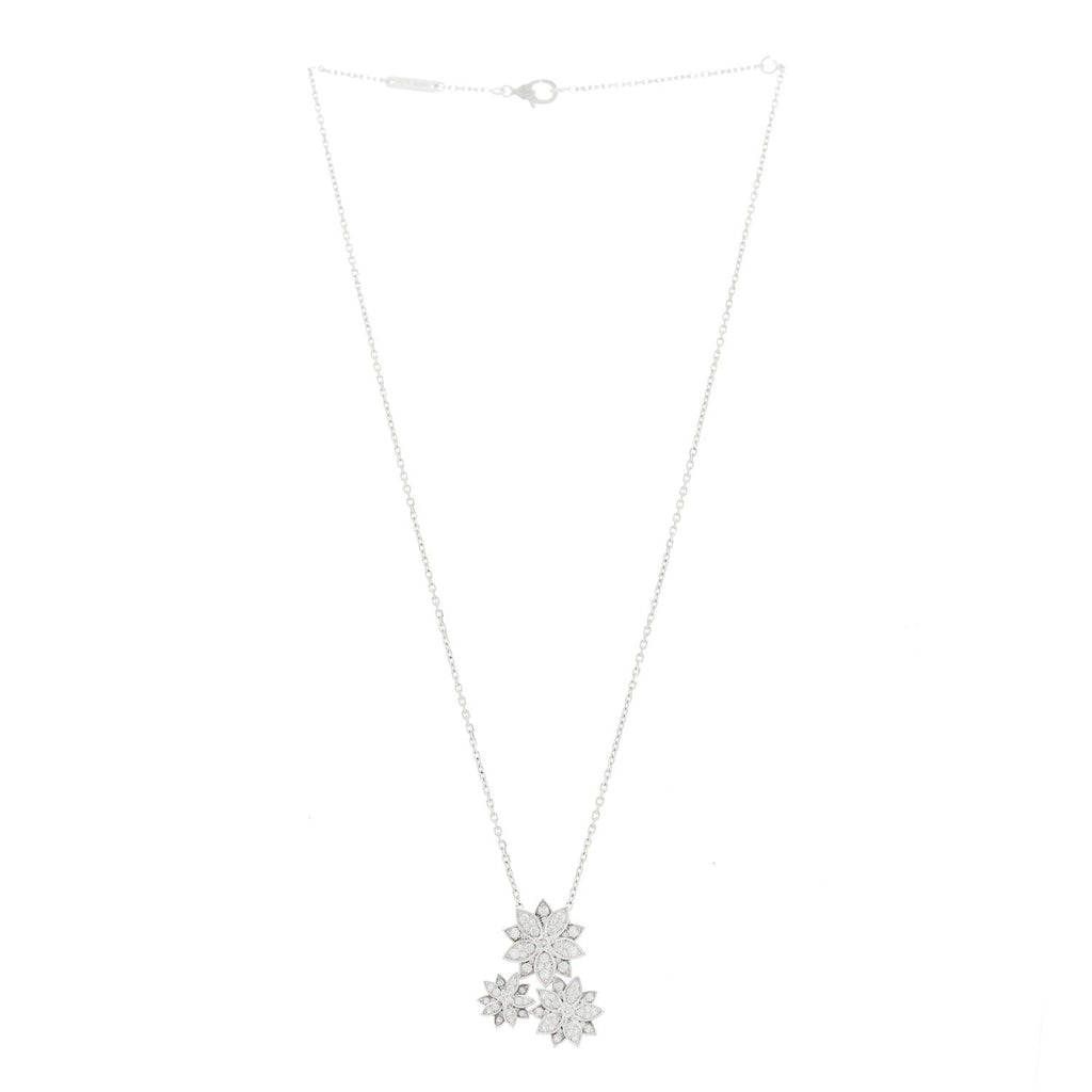 18K White Gold Diamond Lotus 3 Flowers Pendant Necklace