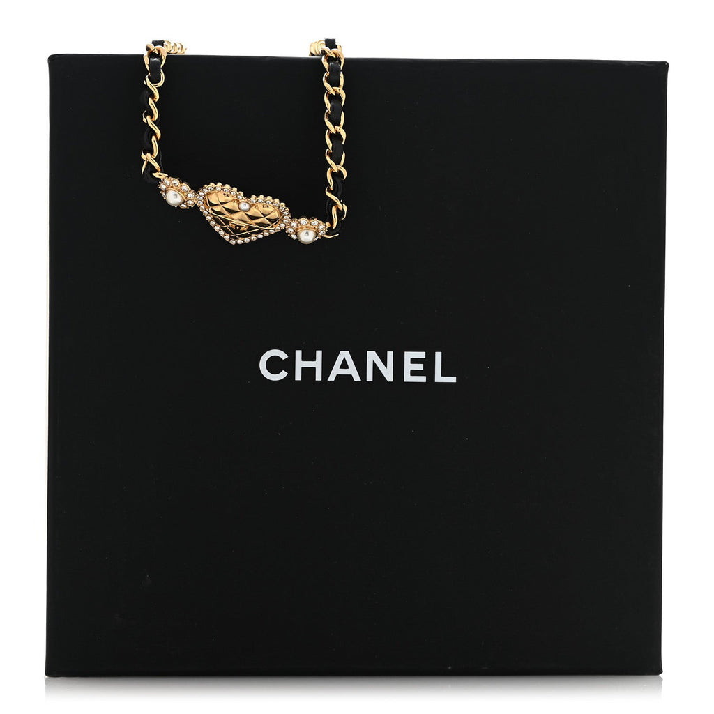 Metal Lambskin Glass Pearl Strass Heart Choker Gold Black
