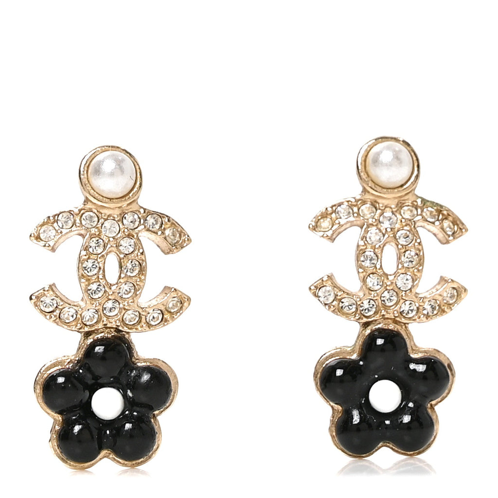 Crystal Pearl CC Flower Earrings Black Gold