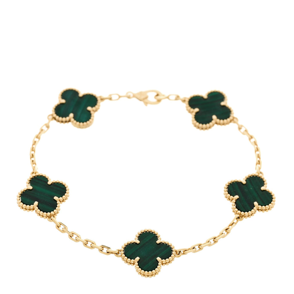 18K Yellow Gold Malachite 5 Motifs Vintage Alhambra Bracelet