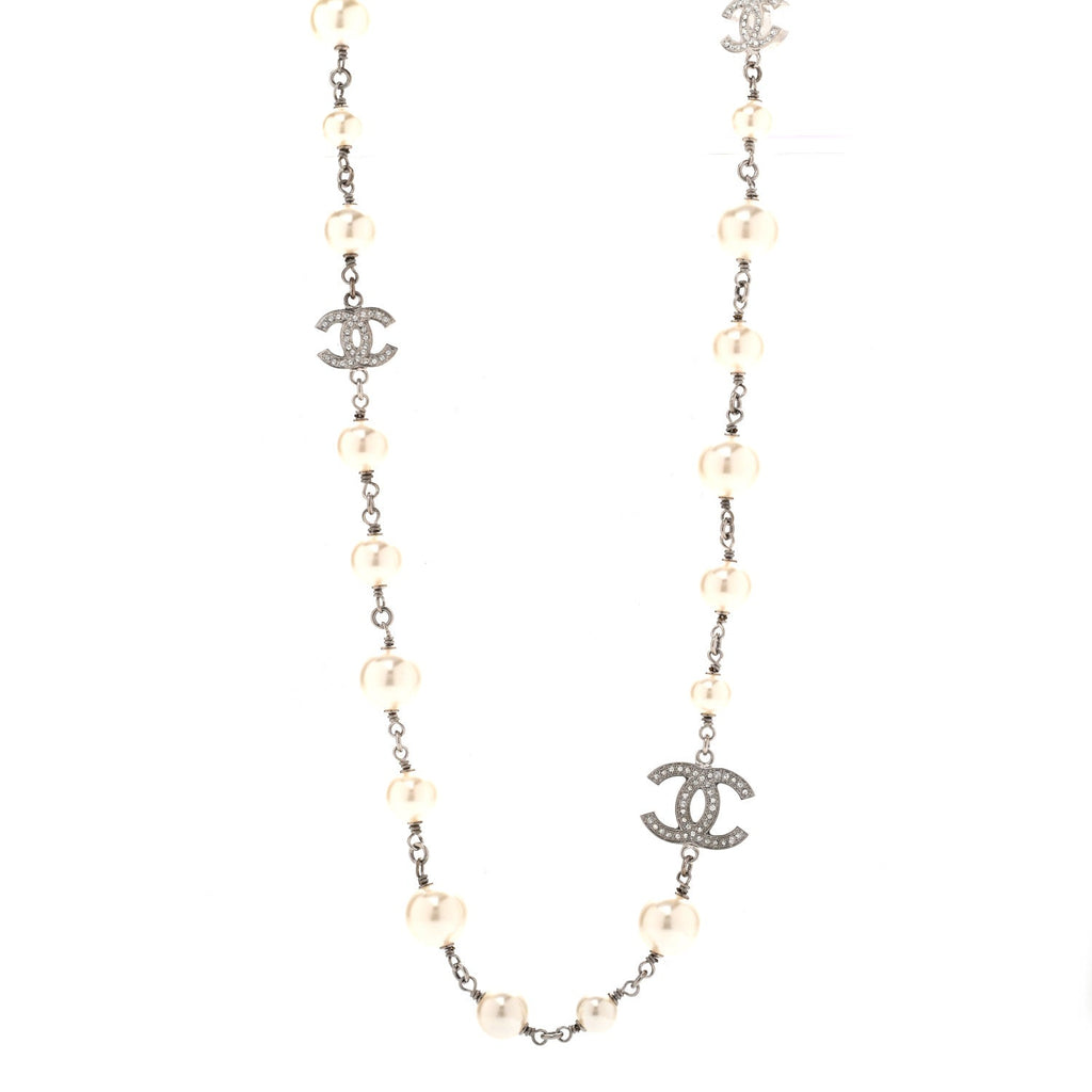 Graduated Pearl Crystal CC Long Necklace Silver