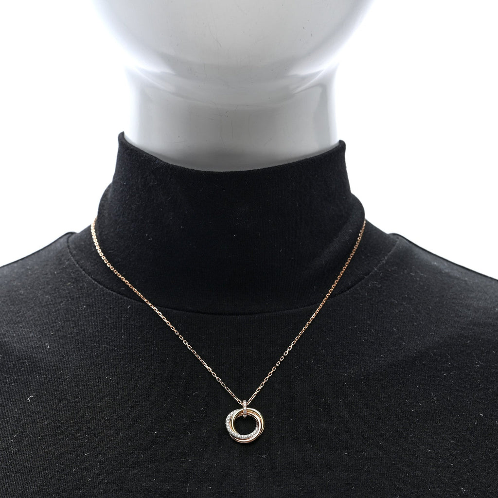 18K Pink White Yellow Gold Diamond Small Trinity Half Paved Pendant Necklace
