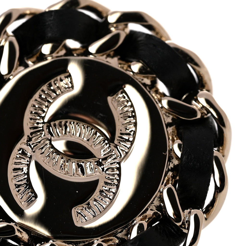 Crystal Lambskin Chain CC Stud Earrings Black Gold
