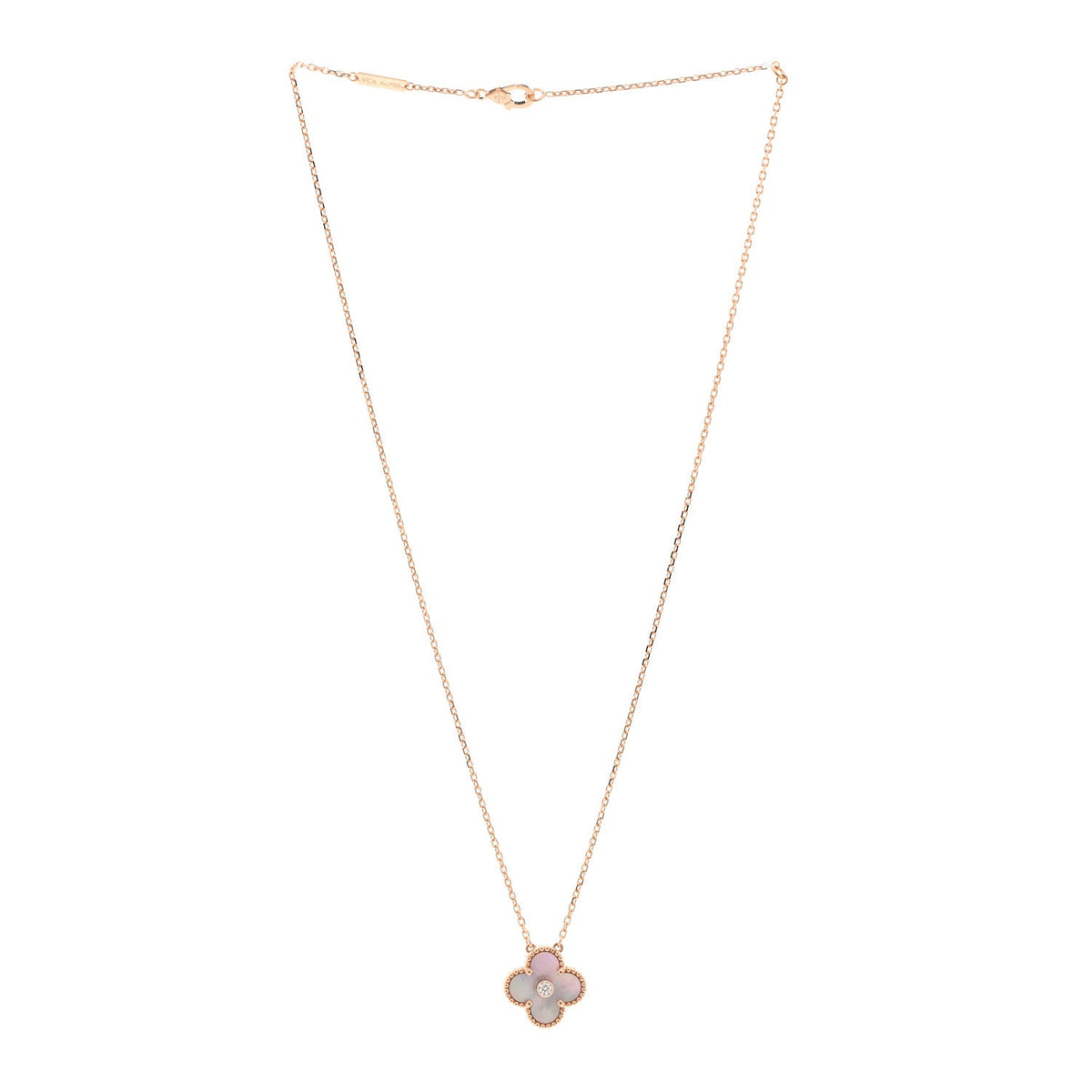 18K Rose Gold Diamond Pink Mother of Pearl Vintage Alhambra Pendant Necklace