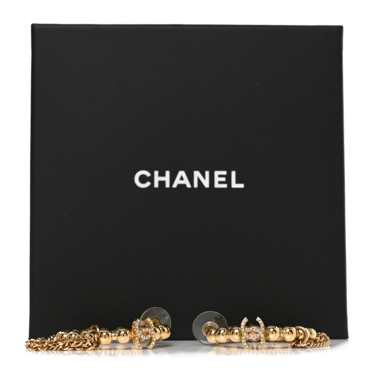 Metal Crystal Bead Chain CC Hoop Earrings Gold