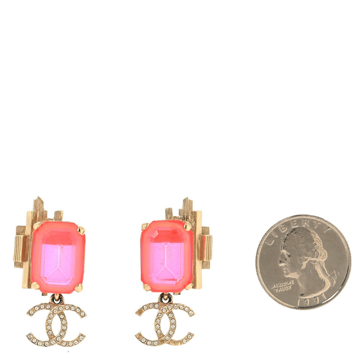 Metal Crystal CC Earrings Gold Pink