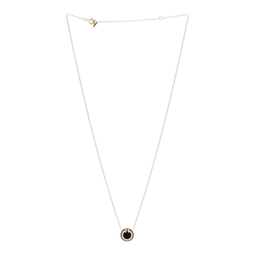 18K Yellow Gold Diamond Black Onyx Small T Circle Pendant Necklace