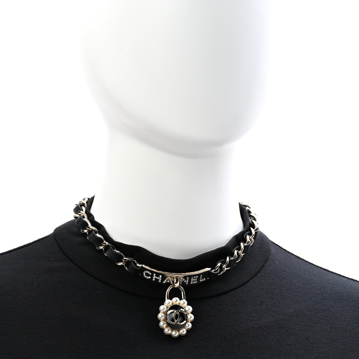 Crystal Pearl Lambskin CC Chain Choker Gold Black Pearly White