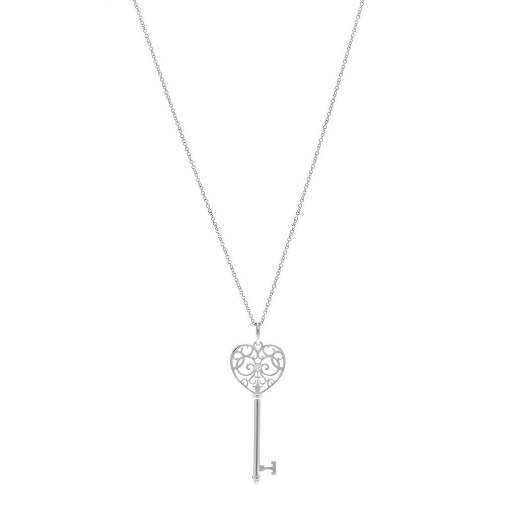 18K White Gold Diamond Enchant Heart Key Pendant Necklace