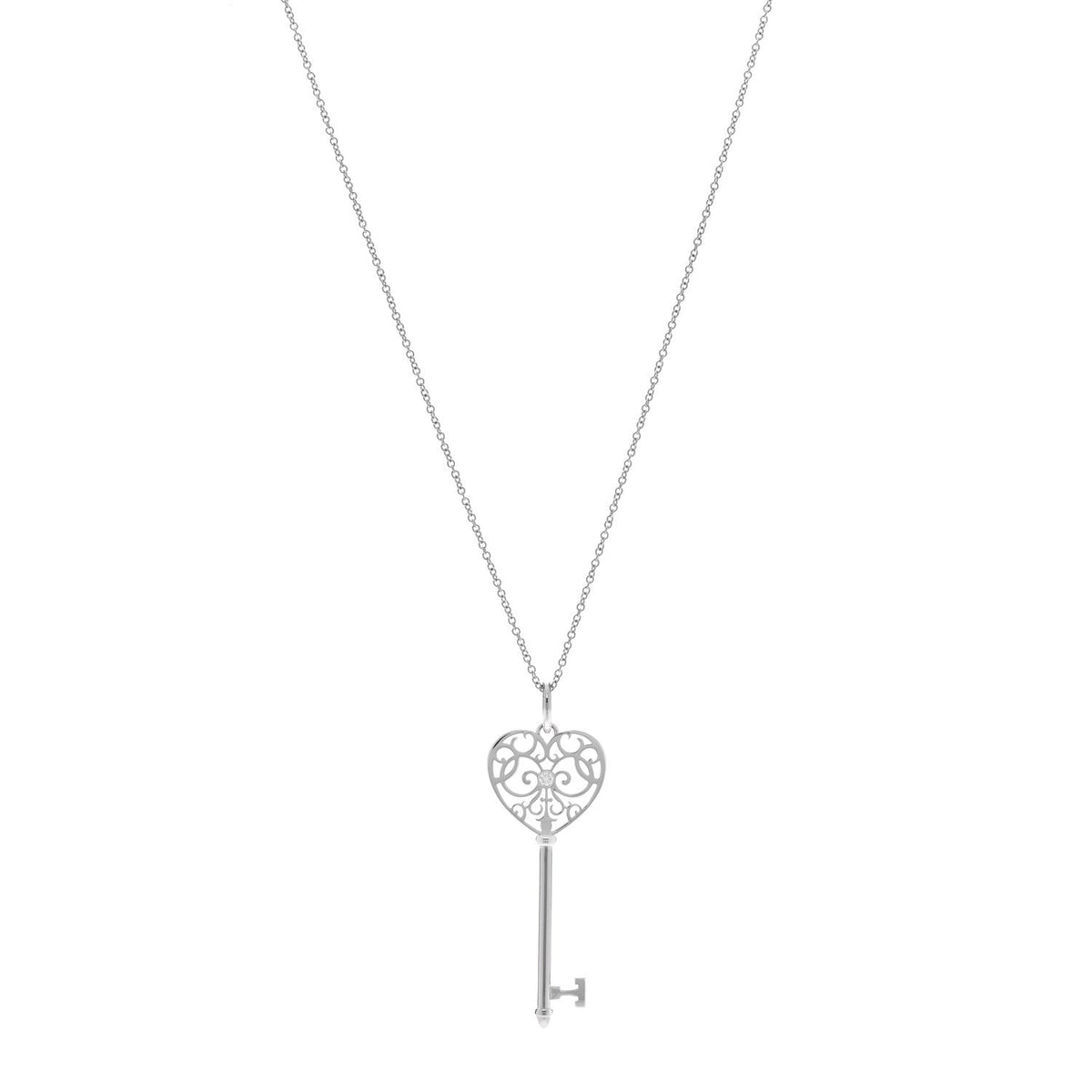 18K White Gold Diamond Enchant Heart Key Pendant Necklace