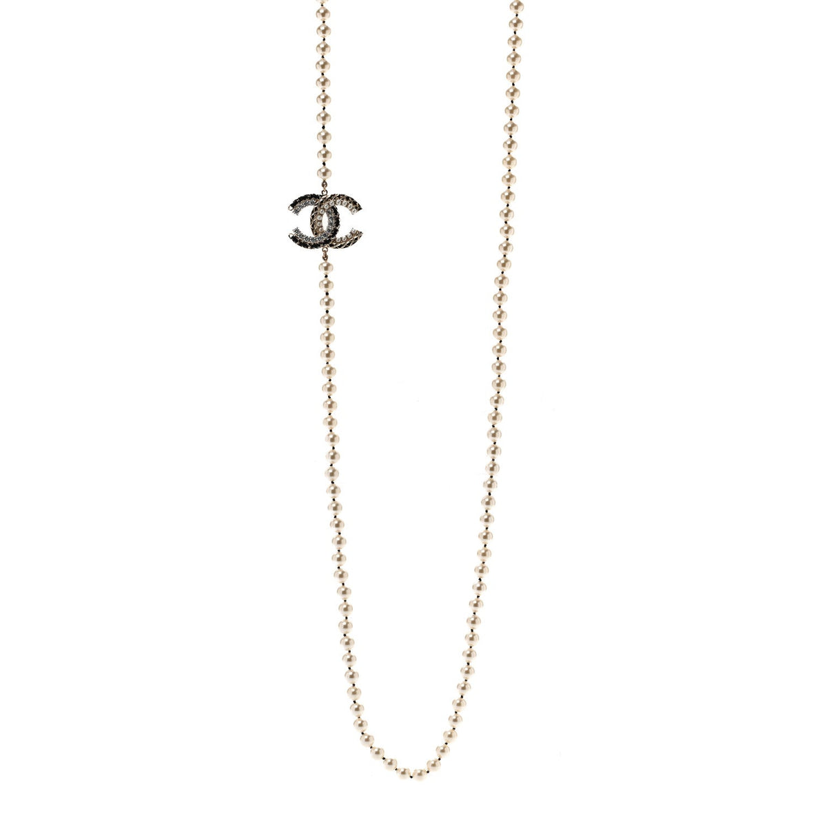 Pearl Crystal Lambskin CC Long Necklace Gold Black
