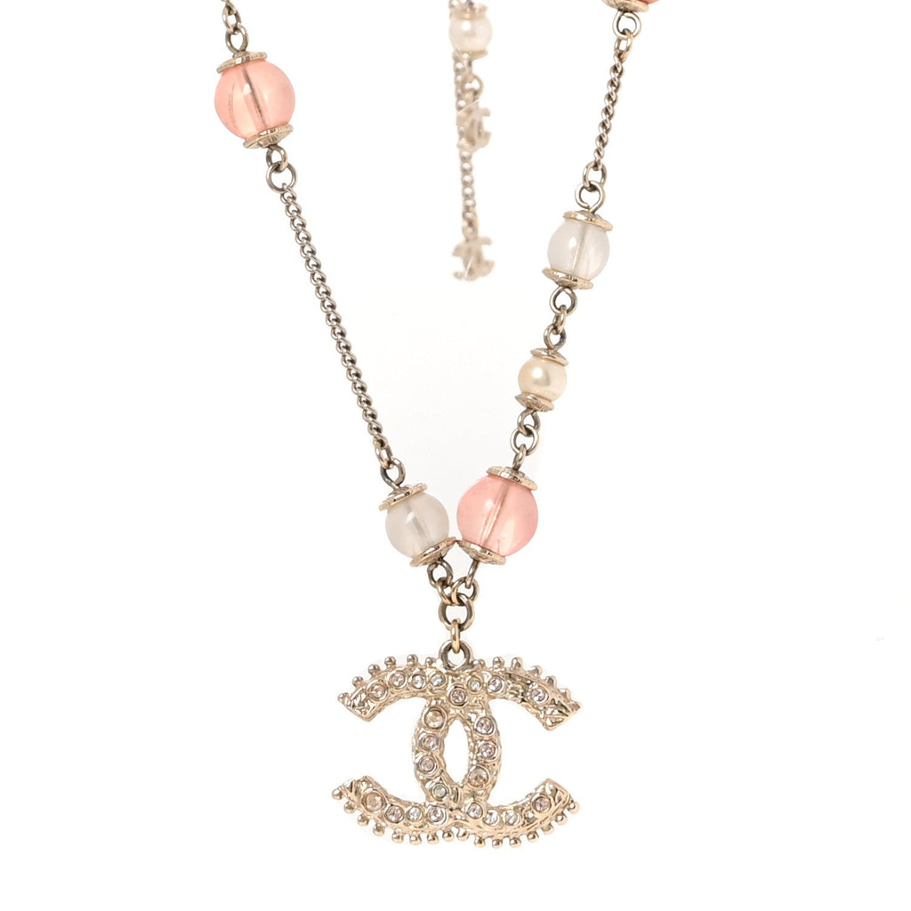 Beaded Pearl Crystal CC Long Necklace Gold Coral