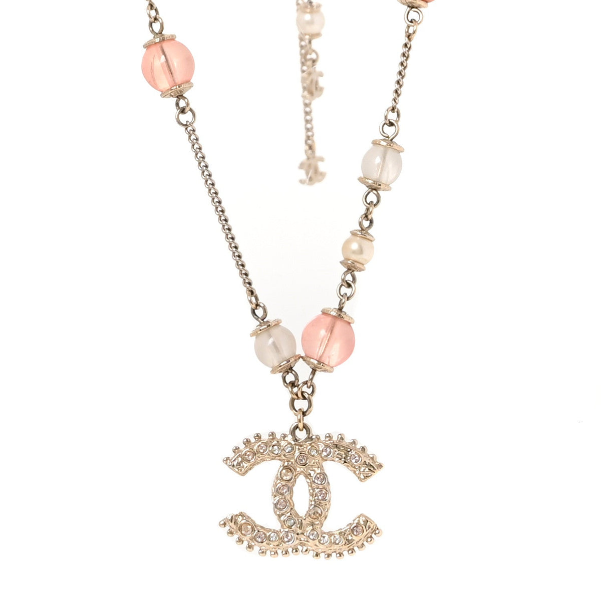 Beaded Pearl Crystal CC Long Necklace Gold Coral