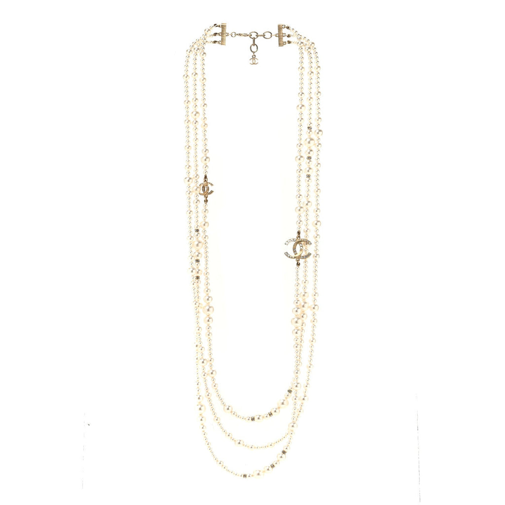 Metal Pearl Crystal Graduated CC Multi Strand Necklace Gold