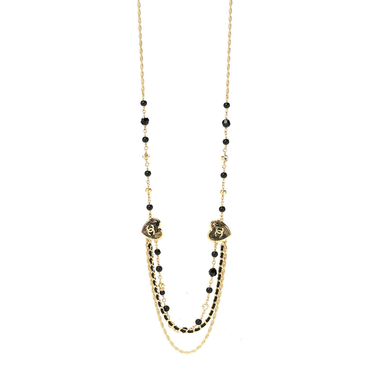 Crystal Beaded CC Heart Long Necklace Gold Black
