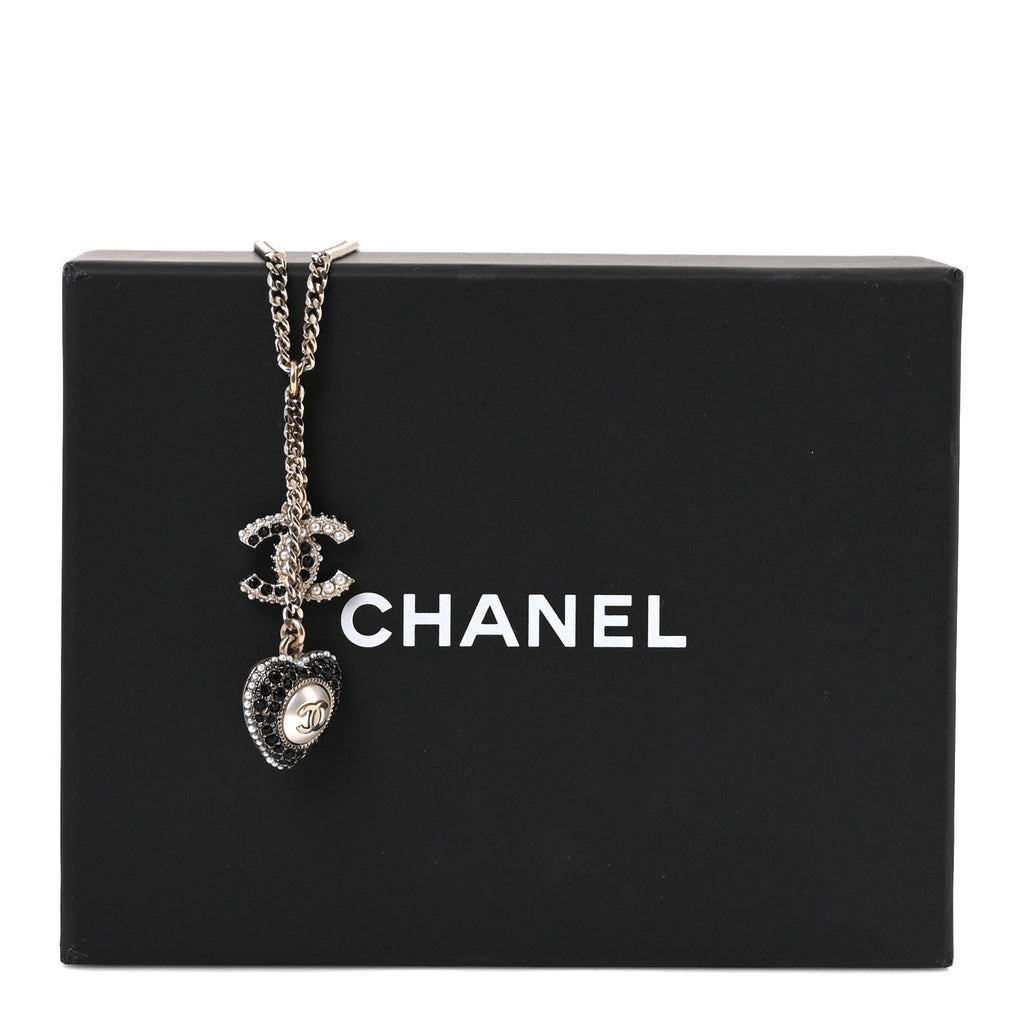 Crystal CC Heart Necklace Black Pearly White Gold