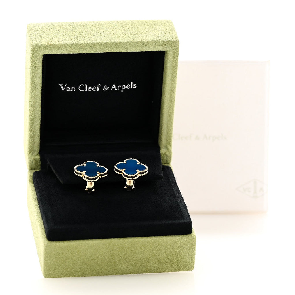 18K Yellow Gold Blue Agate Vintage Alhambra Earrings