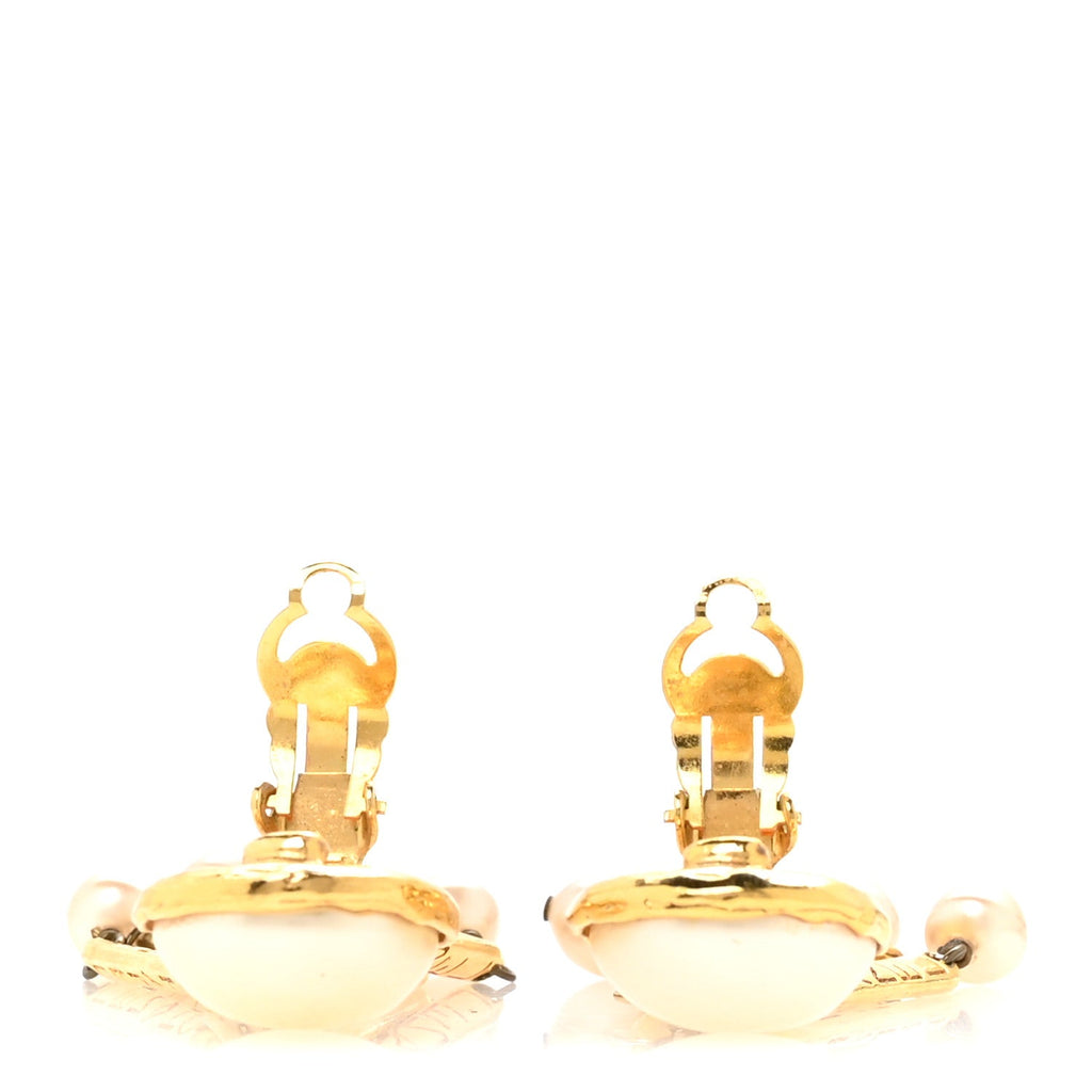 Pearl Baroque Dangle 3.5" Clip Earrings Gold White