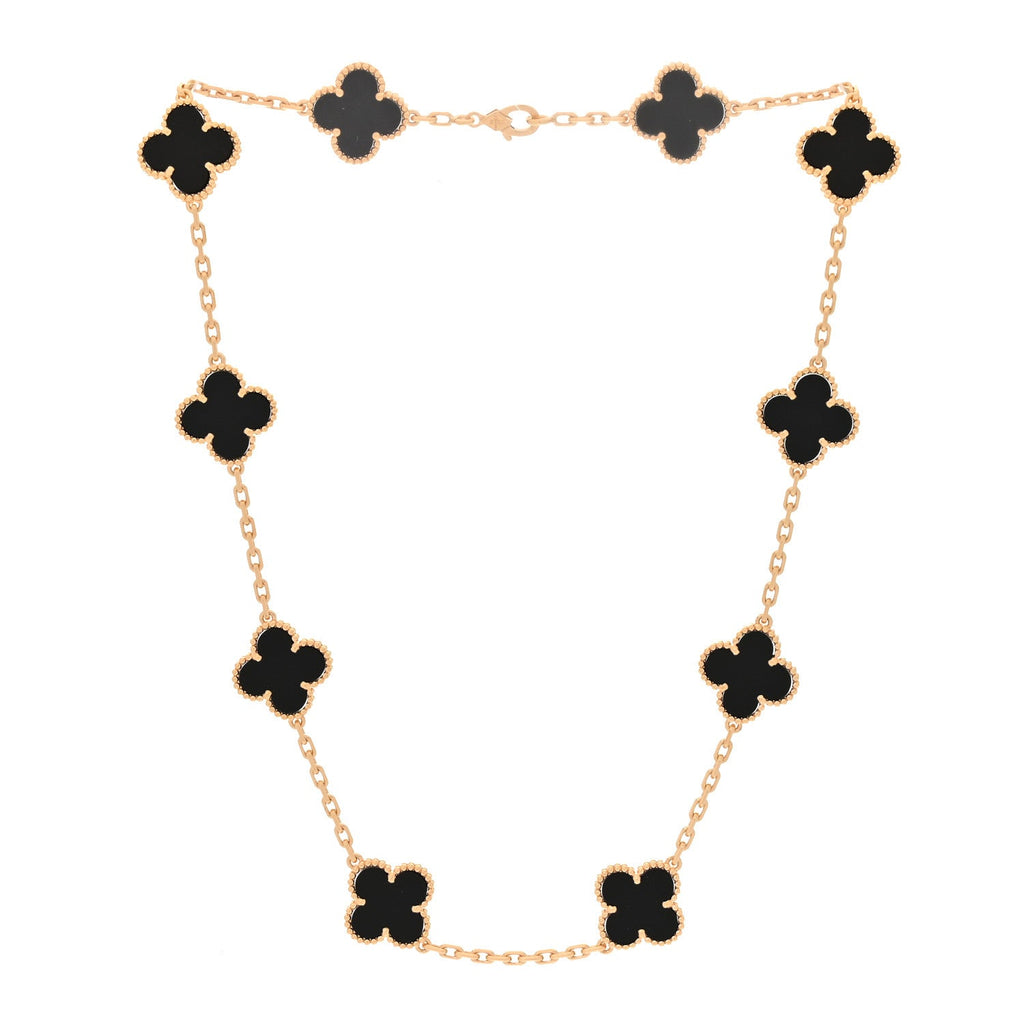 18K Yellow Gold Black Onyx 10 Motifs Vintage Alhambra Necklace