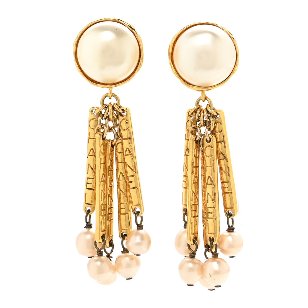 Pearl Baroque Dangle 3.5" Clip Earrings Gold White