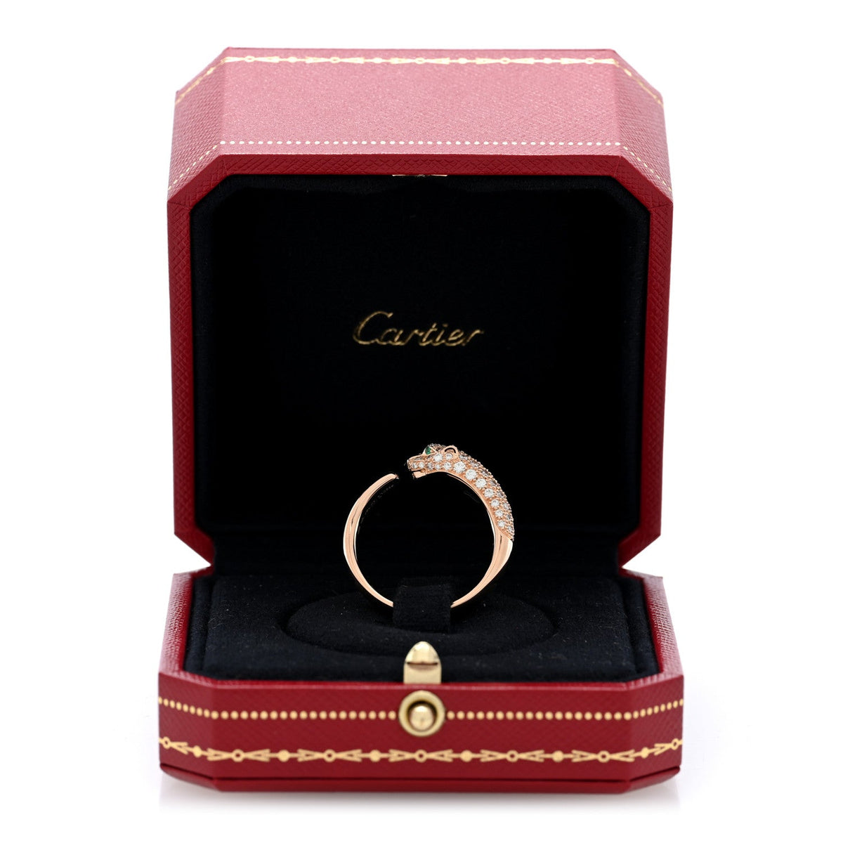 18K Pink Gold Diamond Emerald Onyx Panthere De Cartier Ring 62 10