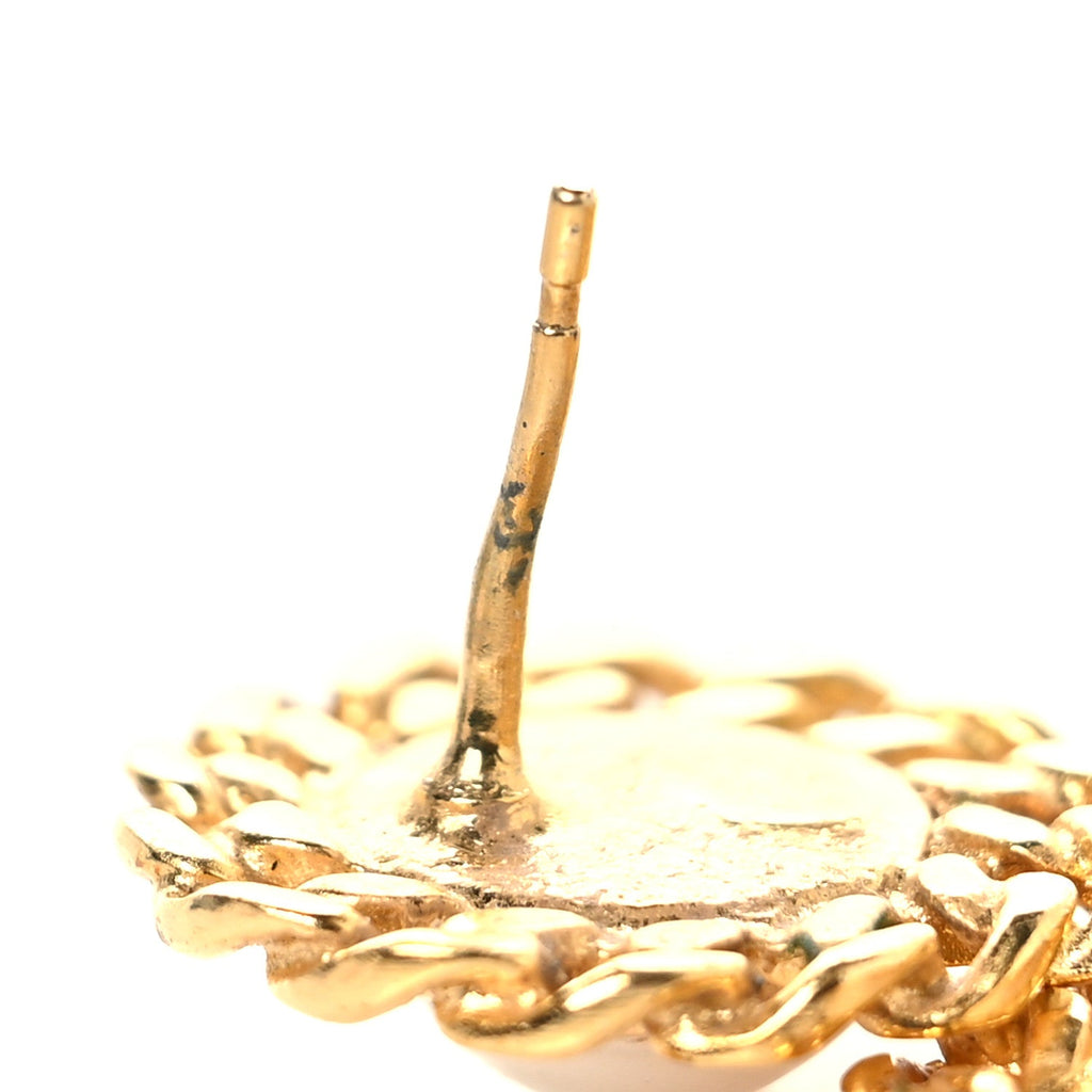 Metal Pearl CC Chain Drop Earrings Gold