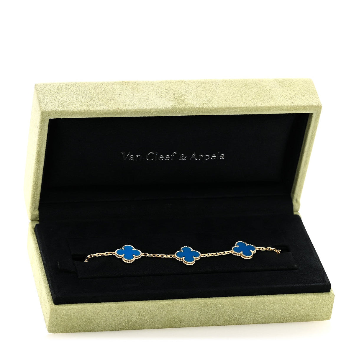 18K Yellow Gold Blue Agate 5 Motifs Vintage Alhambra Bracelet