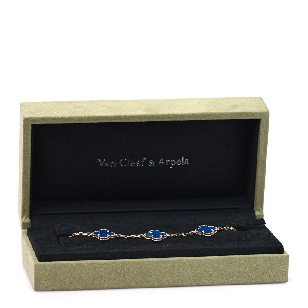18K Yellow Gold Blue Agate 5 Motifs Vintage Alhambra Bracelet