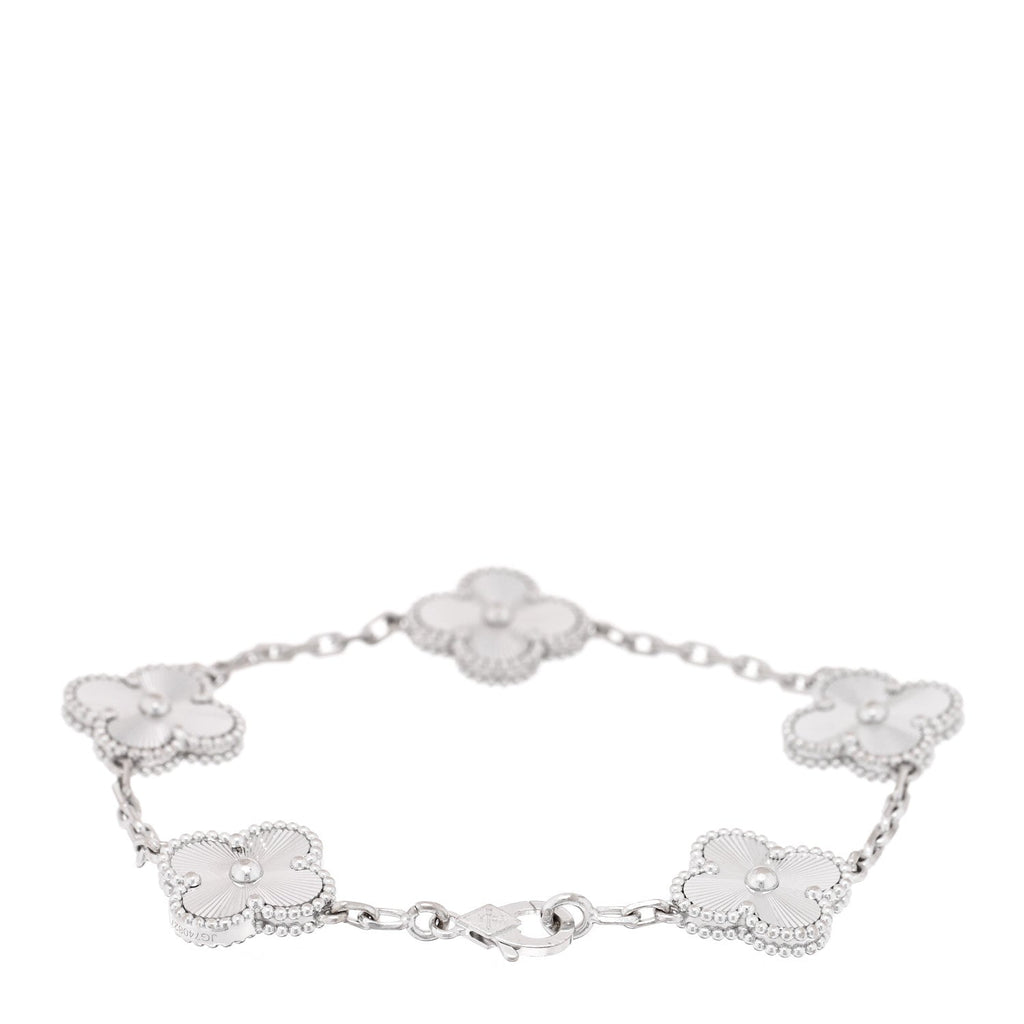 18K White Gold 5 Motifs Guilloche Vintage Alhambra Bracelet