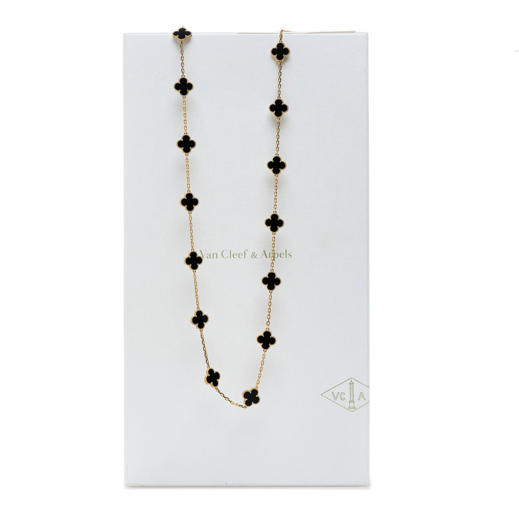 18K Yellow Gold Black Onyx 20 Motifs Vintage Alhambra Necklace