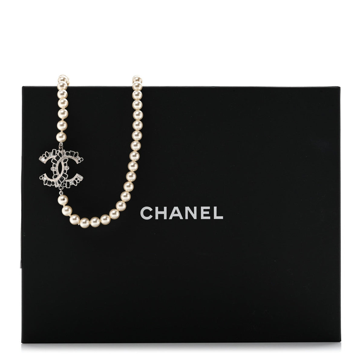 Pearl Crystal Lambskin CC Long Necklace Gold Black