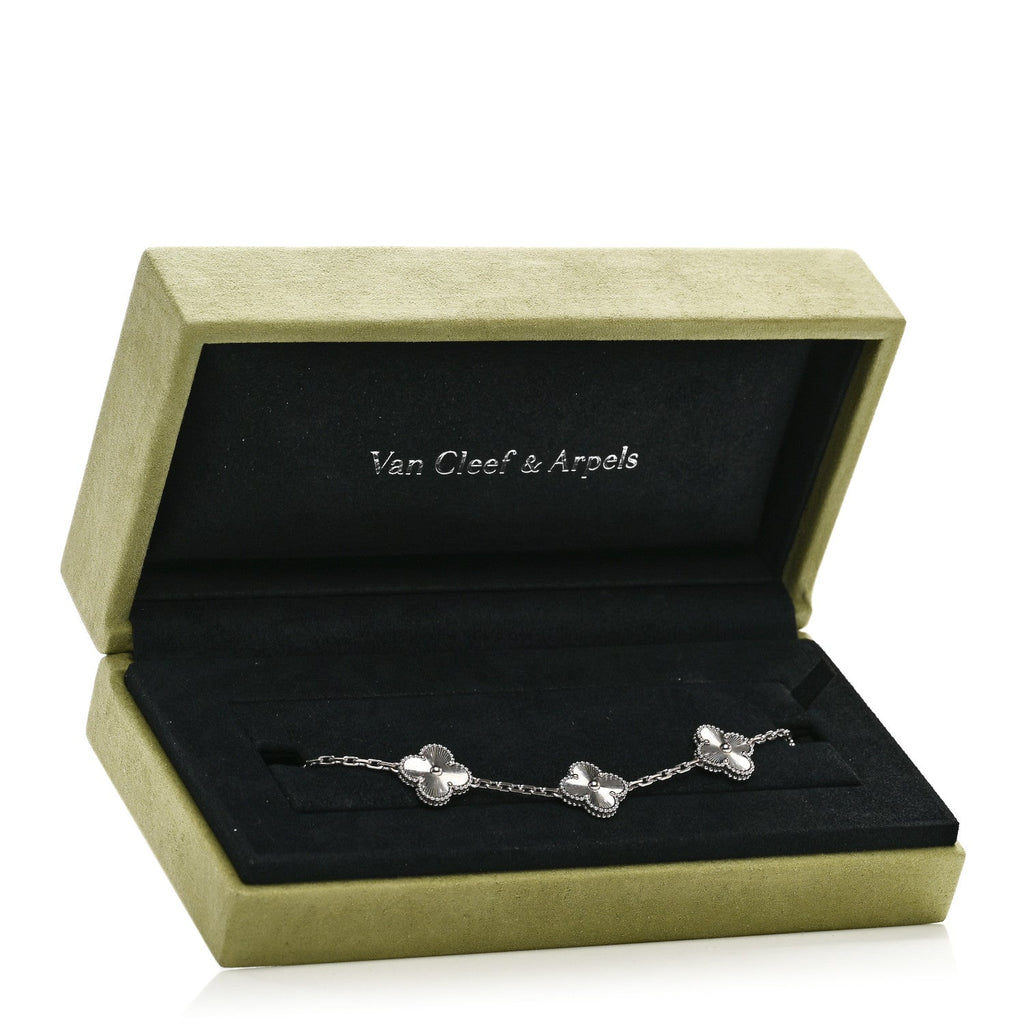 18K White Gold 5 Motifs Guilloche Vintage Alhambra Bracelet