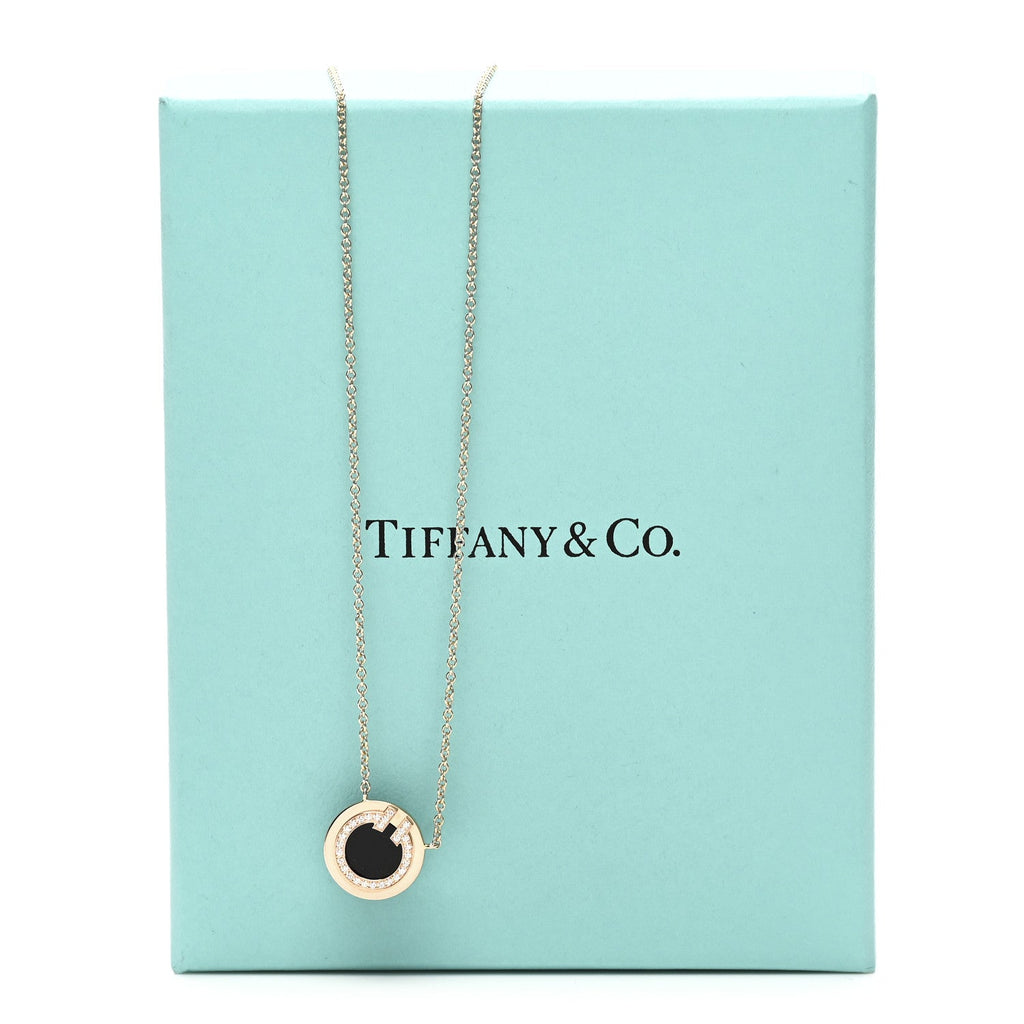 18K Rose Gold Diamond Black Onyx Small T Circle Pendant Necklace