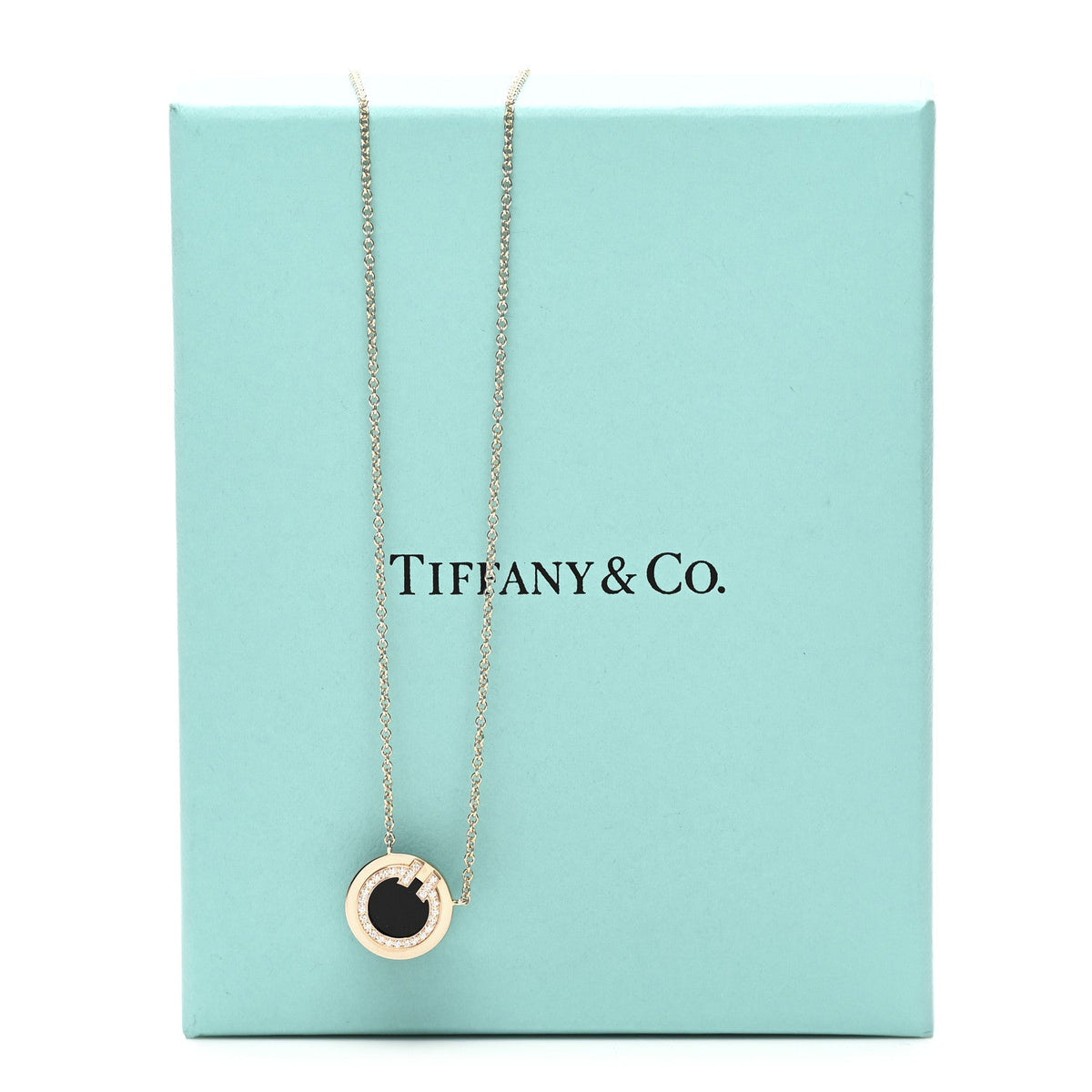 18K Rose Gold Diamond Black Onyx Small T Circle Pendant Necklace