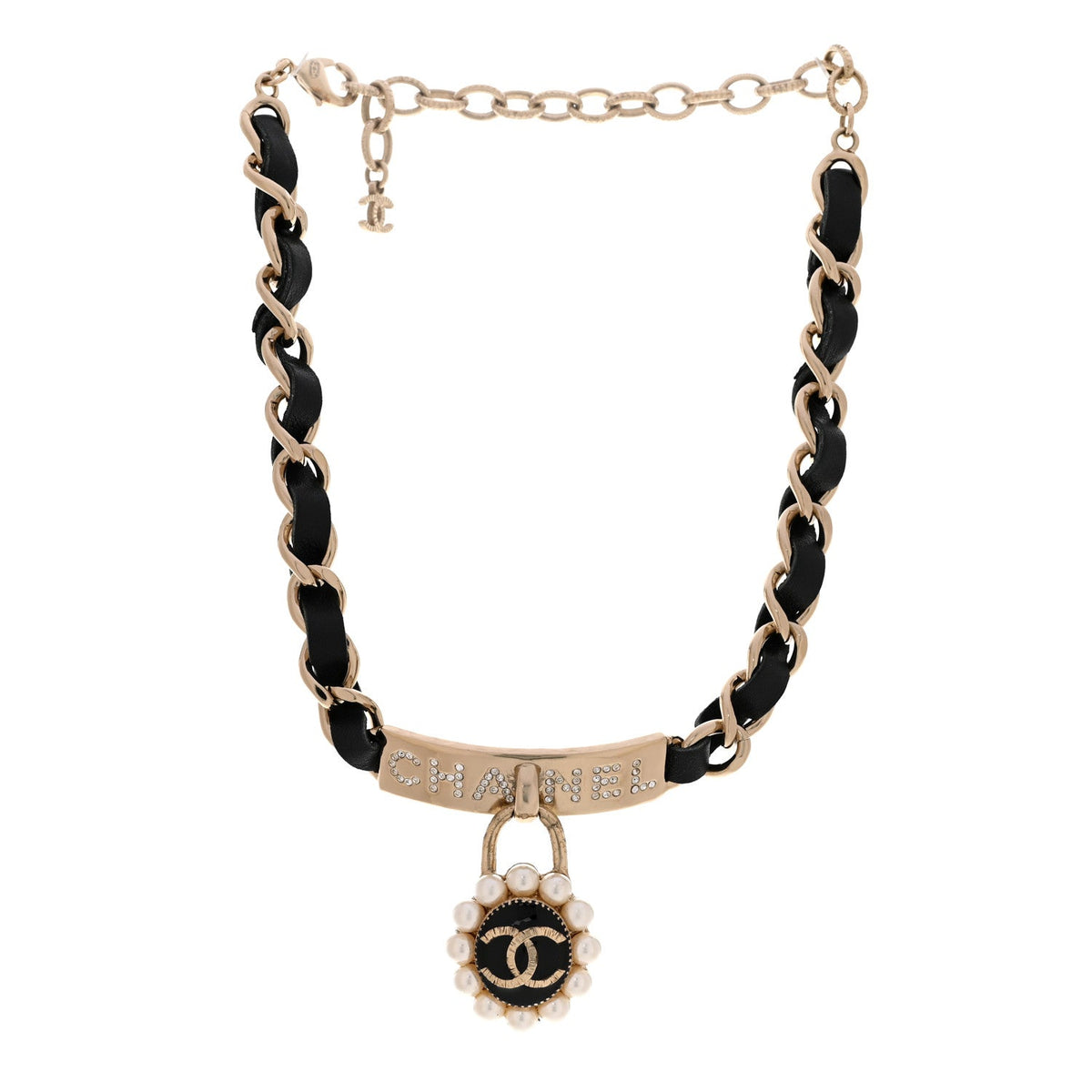 Crystal Pearl Lambskin CC Chain Choker Gold Black Pearly White