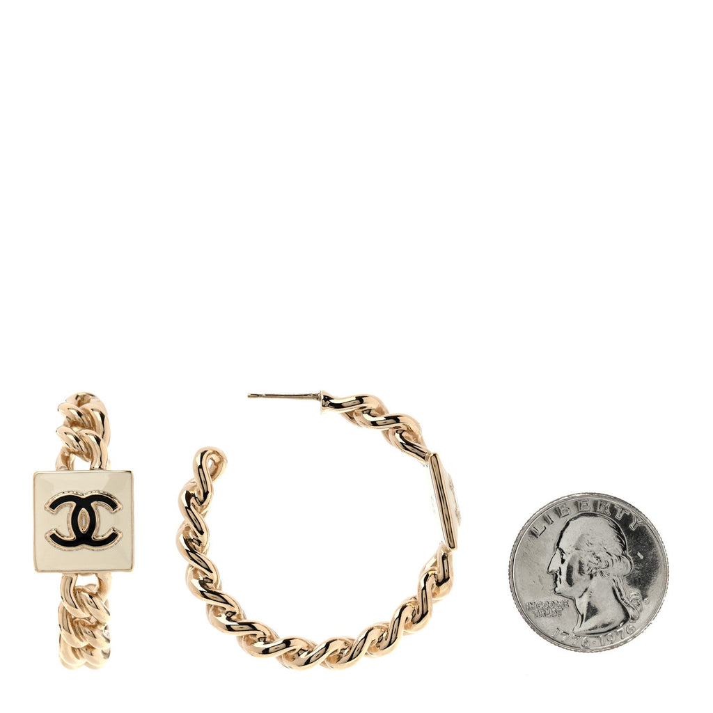 Metal Enamel CC Chain Hoop Earrings Gold Black White Gold Black