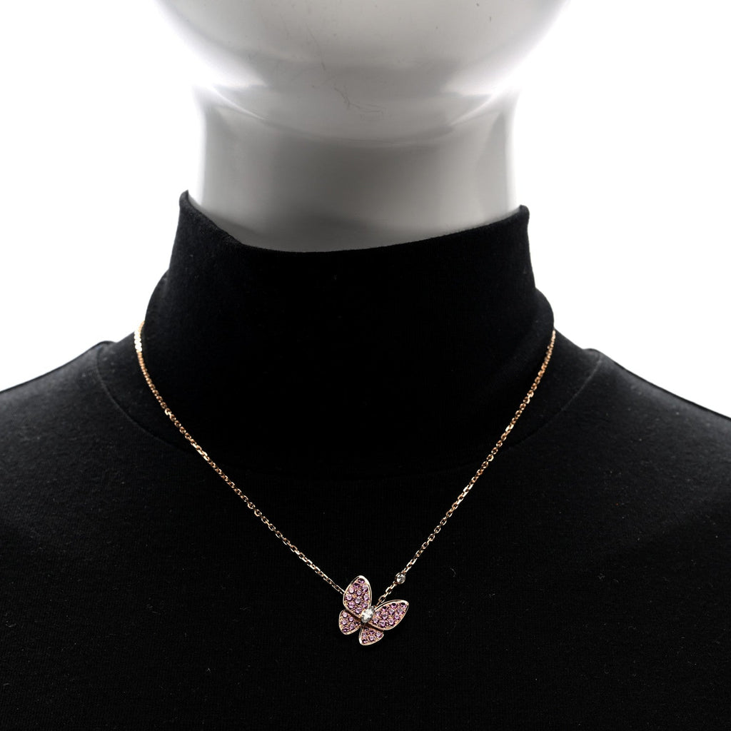 18K Rose Gold Diamond Pink Sapphire Two Butterfly Pendant Necklace
